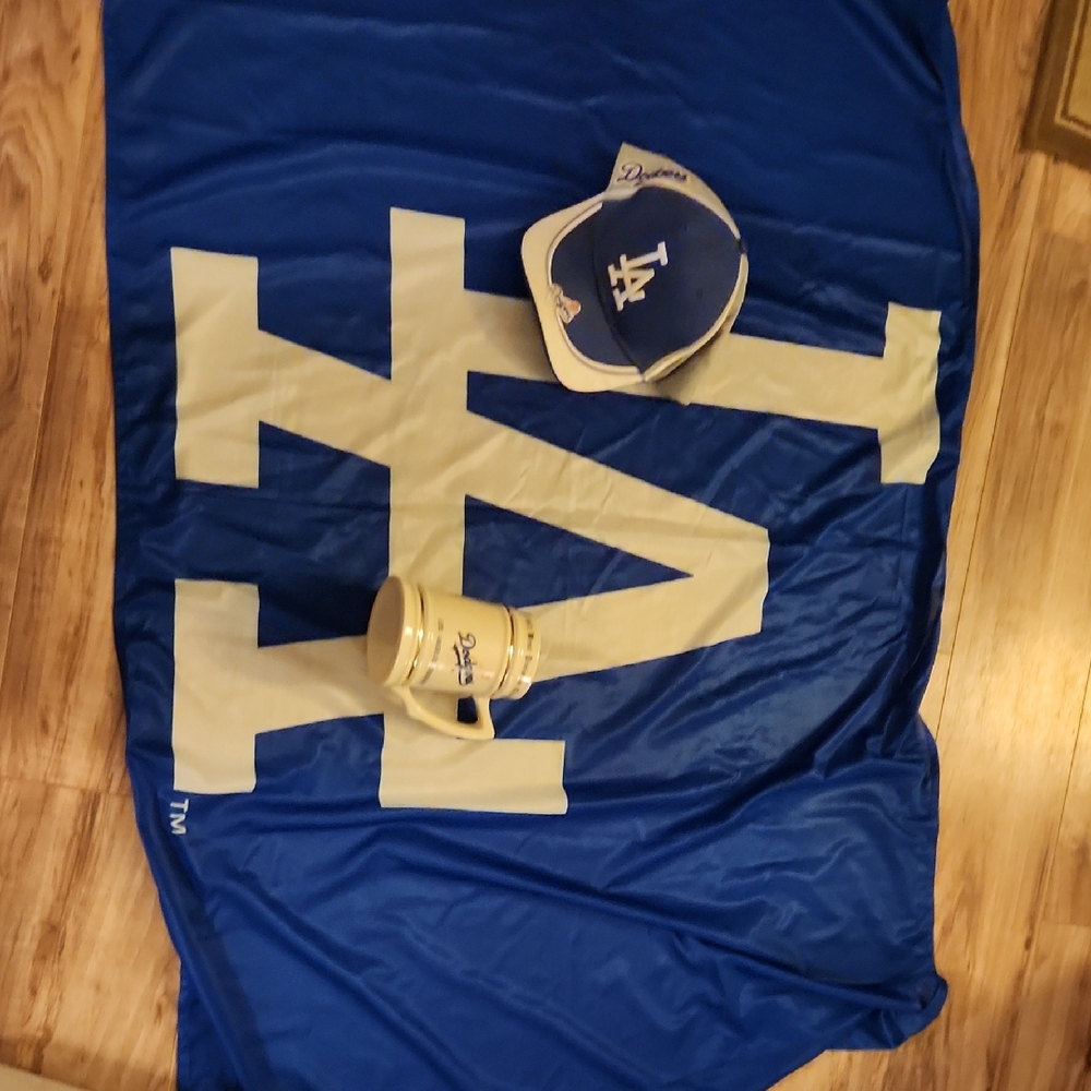 Blue and White LA Dodgers Flag, Cap, and 1983 Div Champ Mug Set